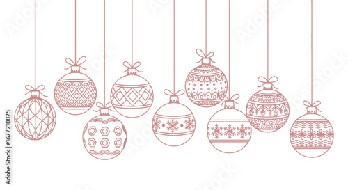 Ornate Christmas ornaments, hanging in a row, outlined in rosy pink.