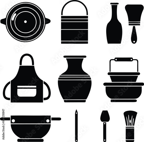 Kitchen Utensils and Cooking Tools Silhouette Set – Black and White Vector Icons for Culinary Design