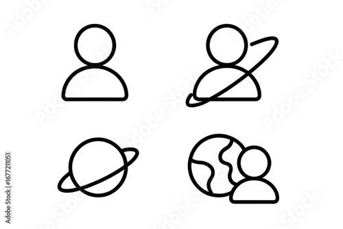 User, planet, and globe icon set for web and graphic design. Minimalistic thin line icons for UI UX. Person, profile, connection, social network, and space concept. Vector.