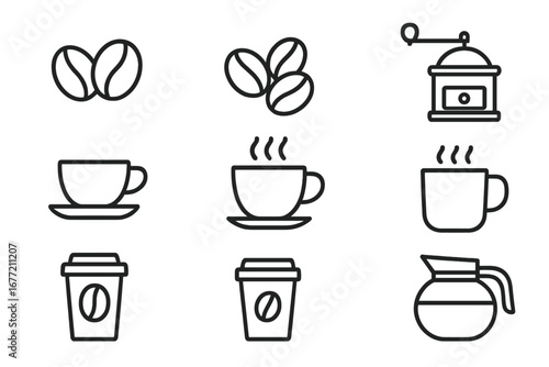 Coffee line icon set. Simple vector symbols collection for cafe menu, web design. Includes coffee beans, grinder, hot drink mug, espresso cup, pot, and takeaway paper cup.
