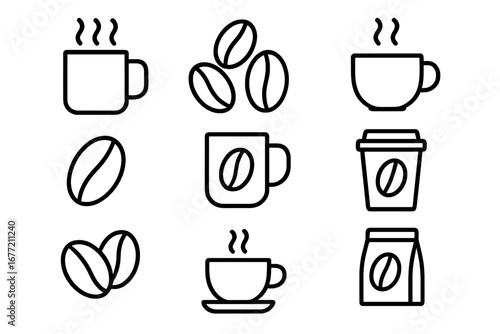 Coffee line icon set. Minimalist outline signs for cafe menu. Vector symbols of mug, cup, espresso, beans, hot drink. Pictogram collection for web, app, coffee shop logo.