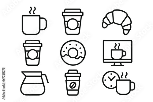 Coffee break line icon set. Modern outline style icons for cafe menu, apps, web design. Vector illustration of coffee cup, mug, donut, croissant, pot. Office breakfast concept.