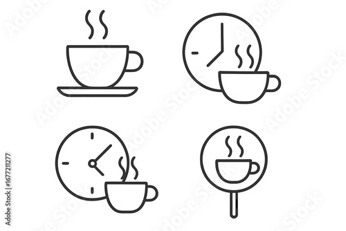 Coffee break thin line icon set. Hot drink and clock outline signs for web and app design. Tea time pictogram collection. Cafe, office rest, and pause concept vector symbols.