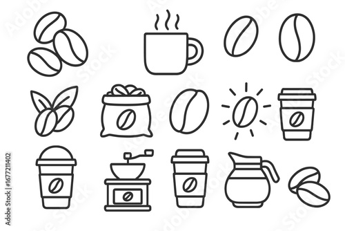 Coffee line icon set. Simple outline symbols for cafe menu. Vector elements of coffee bean, mug, cup, grinder, pot. Minimalist pictogram collection for web and app design.