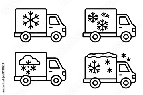 Winter delivery service icon set. Snow removal and logistics truck. Cold weather shipping. Haulage during snowfall. Commercial vehicle line art. Vector transport symbols.
