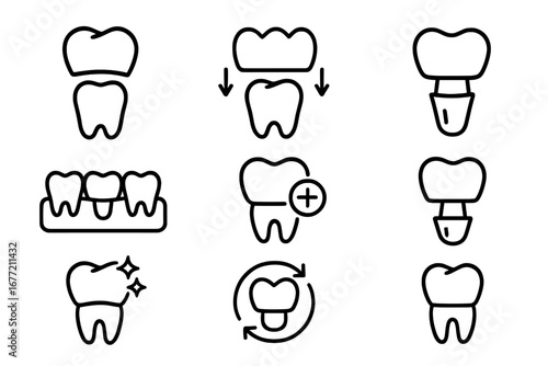 Dental crown and implant line icon set. Dentistry, stomatology, and oral hygiene vector symbols. Tooth restoration, bridge, and dental care outline pictograms for web and apps.