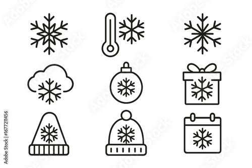 Winter line icon set. Snowflake, cold weather, christmas gift, and holiday symbols. Outline pictogram collection for web design, app, or graphic projects. Editable stroke vector.