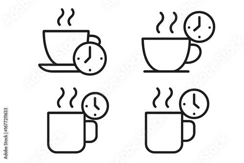 Coffee break line icon set. Tea time outline symbol collection. Hot drink and clock pictogram for web, app, ui, ux design. Vector illustration of a coffee cup, mug, and timer.