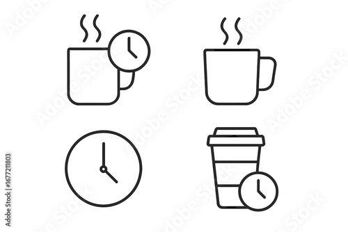 Coffee break thin line icon set. Coffee cup and clock outline signs. Office tea time concept. Vector symbol collection of hot drink, mug, timer for web, app, cafe menu.