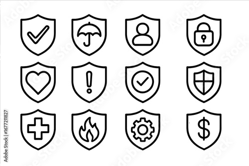 Security and Protection line icon set. Vector shields for insurance, safety, and defense concepts. Icons for finance, health, privacy, data, risk, and guarantee for web design.