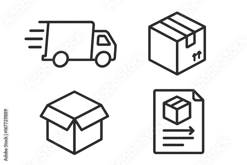 Fast delivery service and shipping line icon set. E-commerce and logistics outline symbols. Vector graphic of cargo truck, parcel box, and order document for online store design.