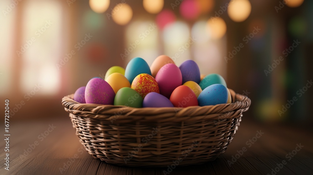 Naklejka premium Colorful easter egg hunt celebration in a cozy indoor setting with a basket of vibrant eggs captured in a warm festive atmosphere