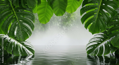Tropical tranquility Lush green leaves frame serene water, nature's peaceful embrace