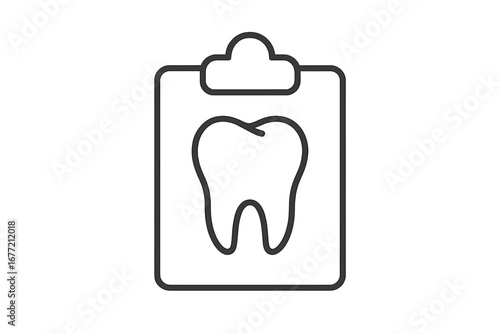 Dental care icon. Medical card with tooth. Dentistry clipboard. Stomatology report. Oral health record. Patient history form. Minimal linear pictogram. Vector illustration.