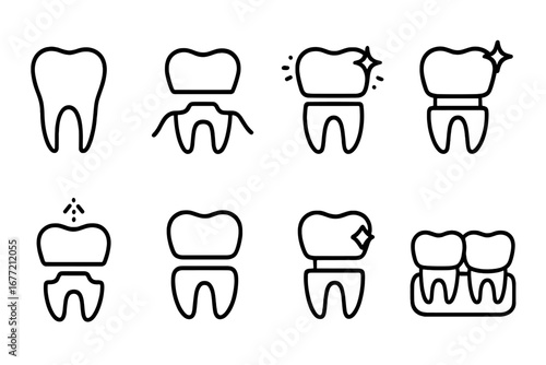 Dental crown line icon set. Tooth restoration, implant, bridge and treatment. Dentistry and stomatology outline symbols for web design, apps. Vector graphic illustration.