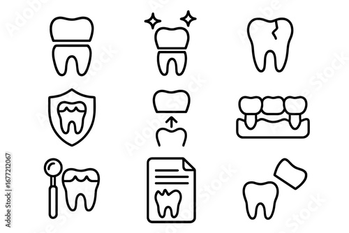 Dental crown line icon pack. Tooth implant, bridge, broken tooth, veneer. Dentistry and stomatology outline signs for graphic design, web, apps. Vector cartoon illustration.