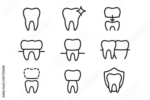 Dental crown line icon set. Tooth restoration, implant, bridge and protection symbols. Dentistry, oral care, stomatology concepts. Outline vector signs for web, app, ui.