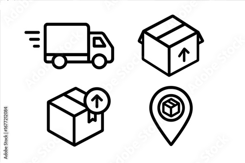 Delivery service line icon set. Logistics, shipping, e-commerce outline symbols. Fast truck, parcel box, order tracking, location pin. Vector for web, app, UI, UX design.