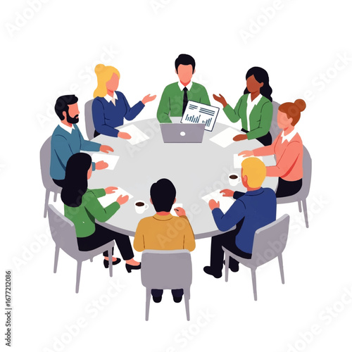Diverse business team collaborates around a circular table, actively participating in a productive meeting with laptops and documents.