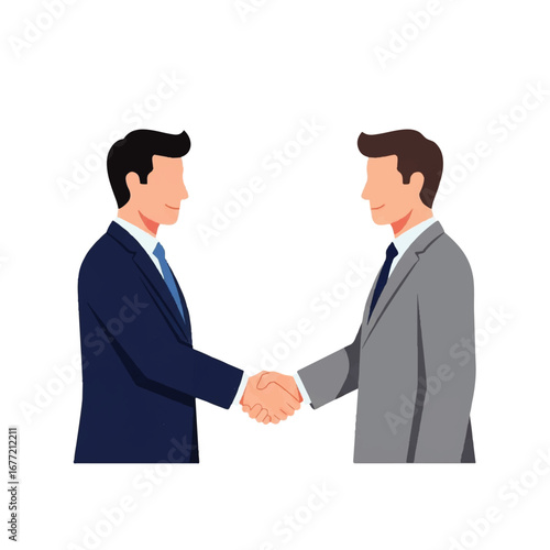 Two businessmen in suits shake hands, signifying a successful partnership and mutual agreement.