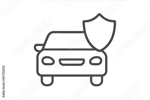 Car insurance icon. Auto security symbol. Vehicle protection and safety sign. Automobile transport guarantee concept. Shield and car pictogram for web, app, ui. Outline vector
