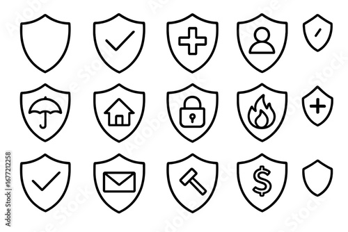 Insurance and protection vector line icon set. Security shields with symbols for health, finance, home, fire, data privacy. Guarantee and safety concepts for web design, apps.