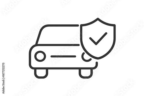 Car insurance icon. Vehicle protection and safety symbol. Auto security concept with shield and check mark. Approved warranty and guarantee for automobile service. Line vector.