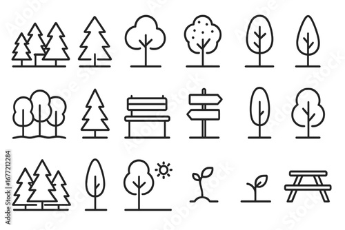 Forest, trees, and park thin line icon set. Vector outline symbols of nature, wood, pine, and plants. Editable stroke graphics for ecology, environment, and outdoor concepts.