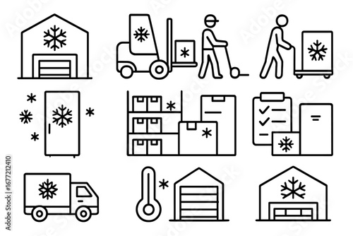 Freezer warehouse thin line icon set. Cold storage and refrigerated logistics signs. Frozen food supply chain, delivery truck, forklift and worker vector outline symbols.