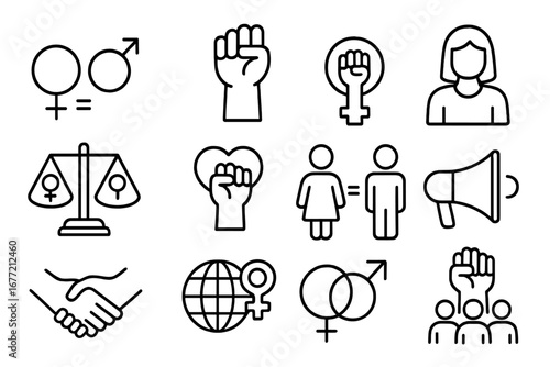 Feminism and gender equality line icon set. Women's rights, girl power, female empowerment, activism, protest concepts. Vector symbols for solidarity, social justice. Editable stroke.