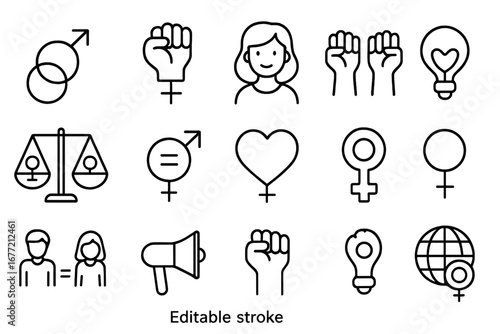 Feminism and gender equality line icon set. Vector symbols for women's rights, girl power, empowerment, protest. Includes gender signs, justice scale, and activist fist.