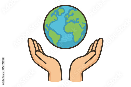 Hands holding globe. Earth day concept. Save the planet. World environment day. Global care, support and sustainability. Ecology and nature protection vector illustration.