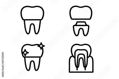 Dental crown and tooth restoration icon set. Vector line art illustration for dentistry, stomatology clinic. Teeth whitening, implant, healthy tooth, and root canal icons.