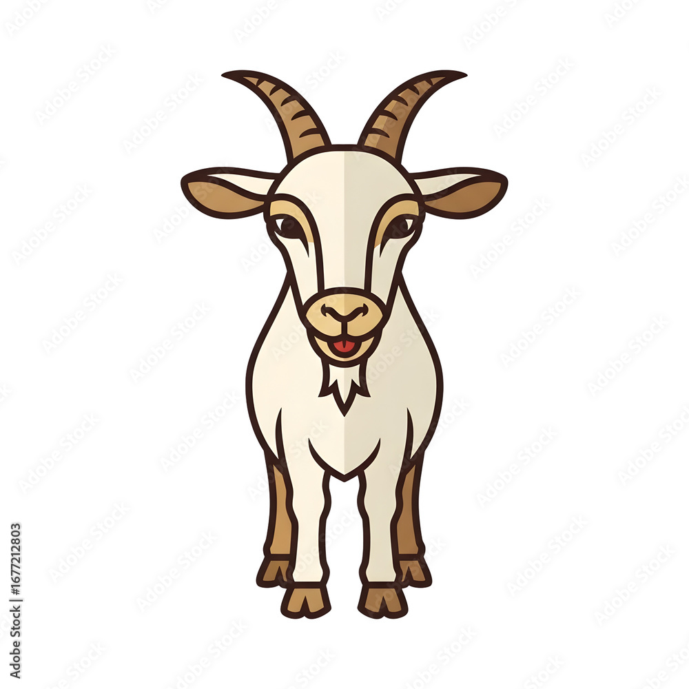 Fototapeta premium Cute cartoon goat illustration with horns front view.