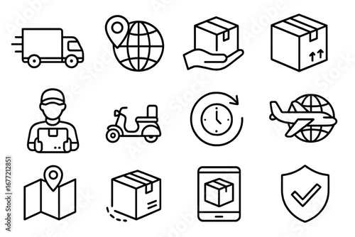 Global Delivery and Logistics Icons Bundle, Transport and Shipping Line Symbols for Web Design, Apps, Advertising, E-commerce, Courier, Tracking, Package Handling, Vector Illustration