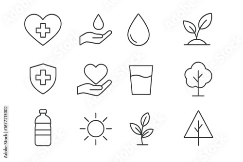 Health, Water, and Tree Vector Icons Set in Thin Line Style, Versatile Design Elements for Apps, Articles, Websites, and Social Media Use, Editable Cartoon Style Graphics