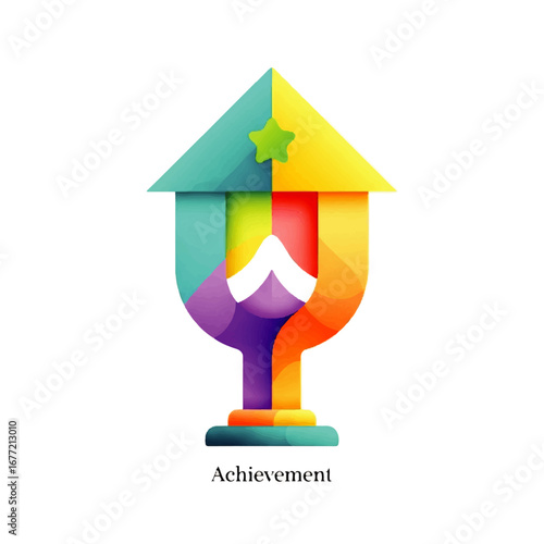 A colorful abstract trophy design symbolizes achievement, success, and upward growth with a house-shaped top and a star.