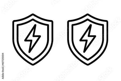 Shield with lightning bolt icon set. Power protection symbol. Vector security logo concept. Electric energy safety sign. Antivirus defense guard. Modern outline illustration.
