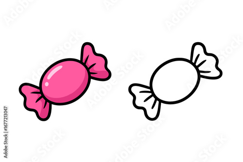 Pink candy vector illustration and black outline version. Sweet wrapped bonbon icon for kids coloring book page or dessert design. Cartoon confectionery graphic element isolated.