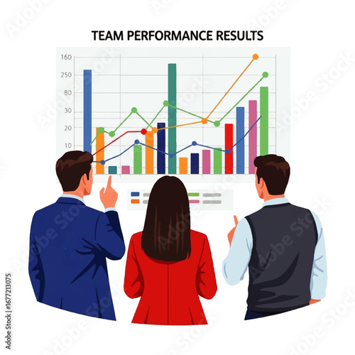 A business team analyzes positive performance results displayed on a large chart, showcasing growth and collaboration.