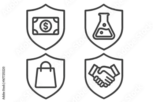 Shield Icons Collection with Money, Laboratory Flask, Shopping Bag, and Handshake Symbols, Editable Stroke, Thin Line Vector Illustration, Ideal for Web, Apps, Cards, and Books Design