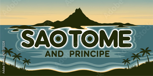 Sao Tome and Principe Retro Travel Poster Illustration with Mountain Silhouette, Palm Trees, and Ocean Sunrise Scenery