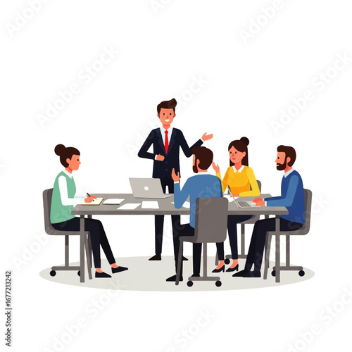 A confident businessman leads a productive team meeting, presenting ideas around a large table in a modern office.