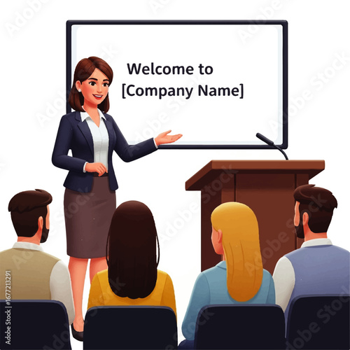 A confident businesswoman gives a welcoming presentation to a small group of attentive colleagues in a modern conference room.
