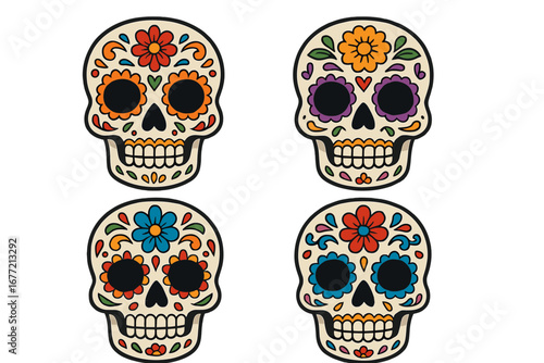 Set of four colorful sugar skulls for Dia de los Muertos. Mexican Day of the Dead calavera collection. Traditional floral decoration for holiday celebration. Vector illustration.