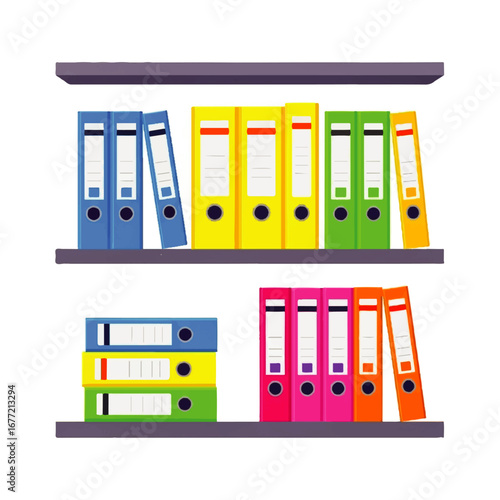 Colorful office binders neatly organized on shelves, showcasing efficient storage and a vibrant workspace atmosphere.