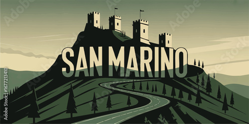 Retro San Marino Travel Poster Illustration Featuring Iconic Towers on Mountain Hilltop, Curved Road, and Scenic Forest Landscape