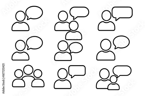 People and Speech Bubble Icon Bundle, Outline Communication and Conversation Symbols for Graphic and Web Design, Apps, Advertising, Social Interaction, Vector Cartoon Illustration Transparent