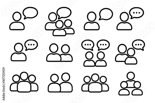 People and Speech Bubble Line Icon Collection, Outline Communication and Social Interaction Symbols for Graphic Design, Web, Apps, Advertising, and Various Cards, Vector Cartoon Illustration