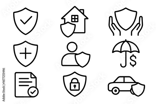Insurance and Protection Icon Set Collection with Defence Symbols, Shield, Safety, Security, Home, Car, Money, User, Lock, Document, Editable Stroke Vector Design for Apps, Ads, Graphics